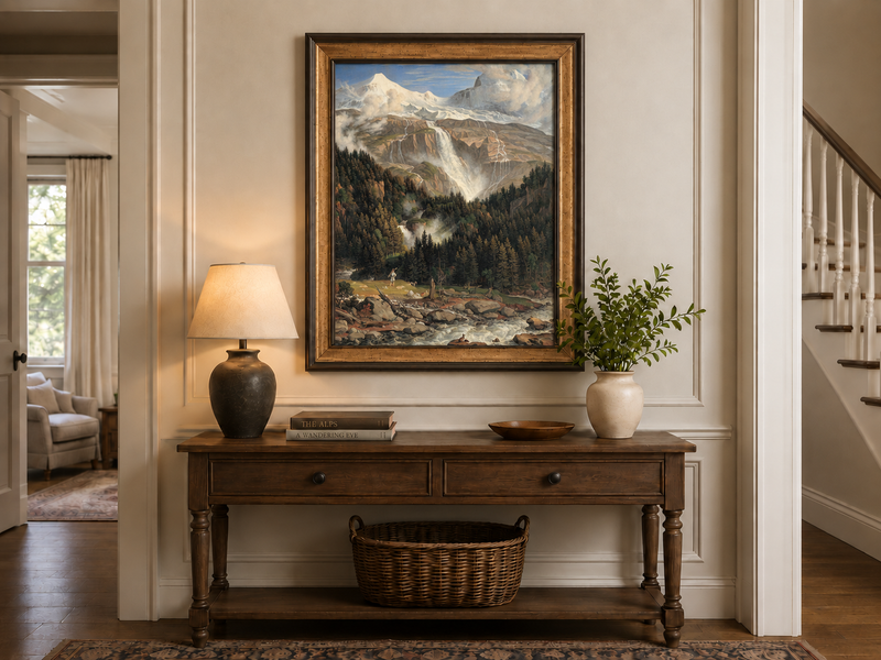 Landscape Oil Painting - Snow-Capped Peaks, Grand Waterfall & Ox