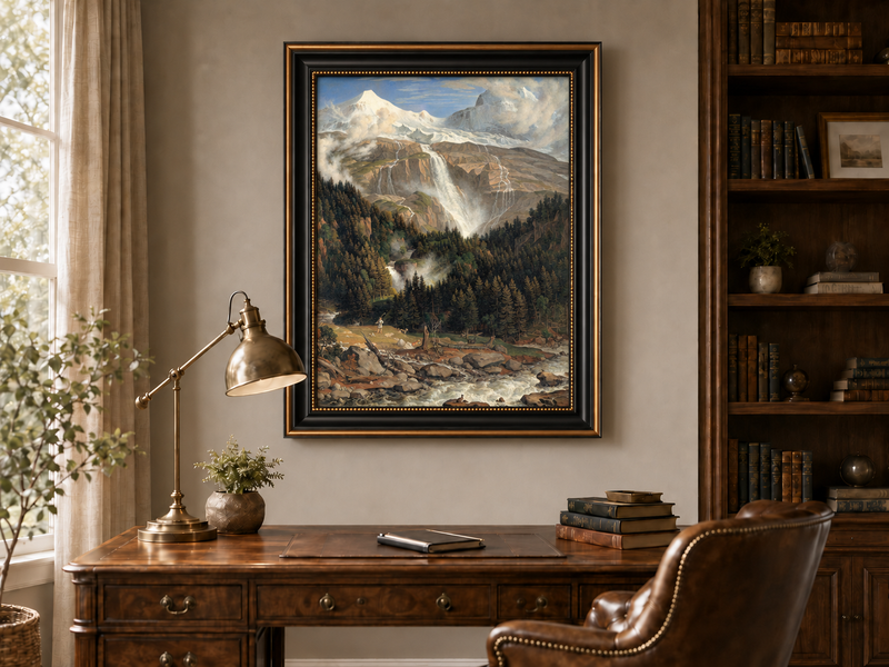 Landscape Oil Painting - Snow-Capped Peaks, Grand Waterfall & Ox
