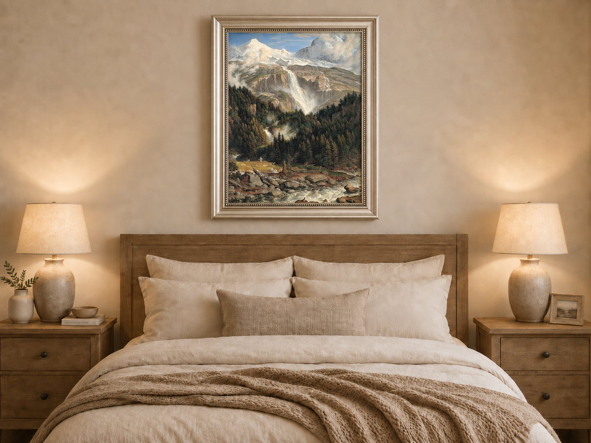 Landscape Oil Painting - Snow-Capped Peaks, Grand Waterfall & Ox