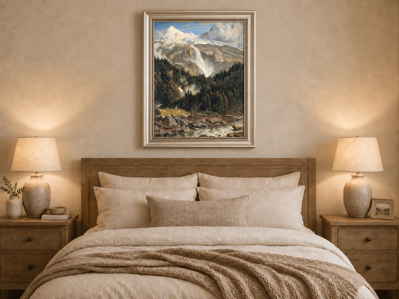 Landscape Oil Painting - Snow-Capped Peaks, Grand Waterfall & Ox