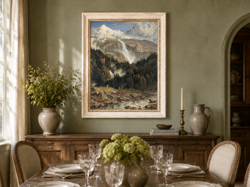 Landscape Oil Painting - Snow-Capped Peaks, Grand Waterfall & Ox