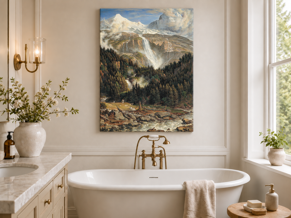 Landscape Oil Painting - Snow-Capped Peaks, Grand Waterfall & Ox