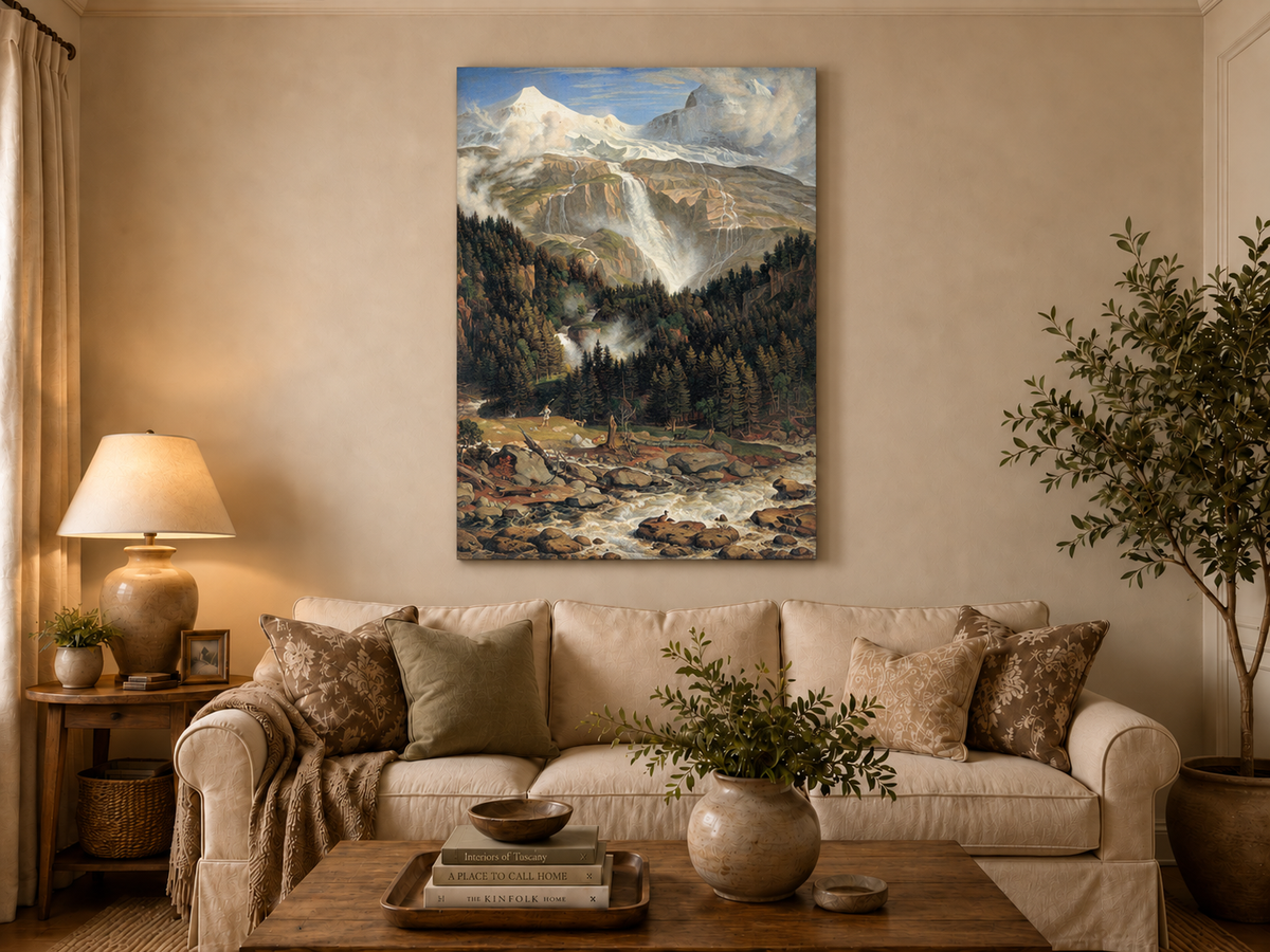 Landscape Oil Painting - Snow-Capped Peaks, Grand Waterfall & Ox
