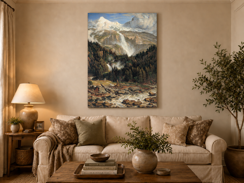 Landscape Oil Painting - Snow-Capped Peaks, Grand Waterfall & Ox