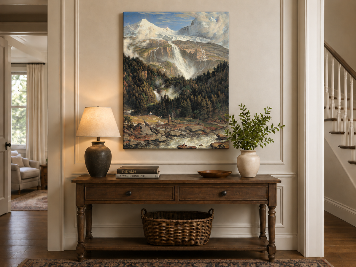 Landscape Oil Painting - Snow-Capped Peaks, Grand Waterfall & Ox