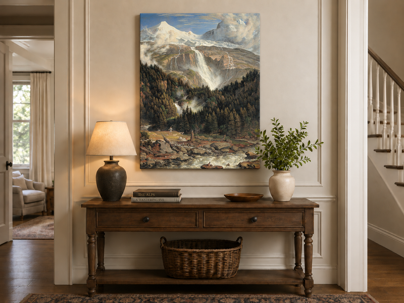 Landscape Oil Painting - Snow-Capped Peaks, Grand Waterfall & Ox