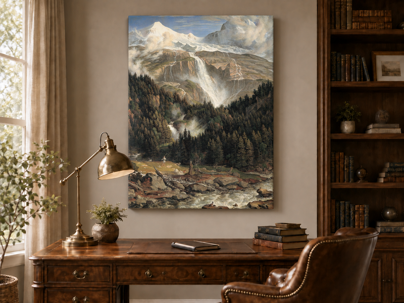 Landscape Oil Painting - Snow-Capped Peaks, Grand Waterfall & Ox