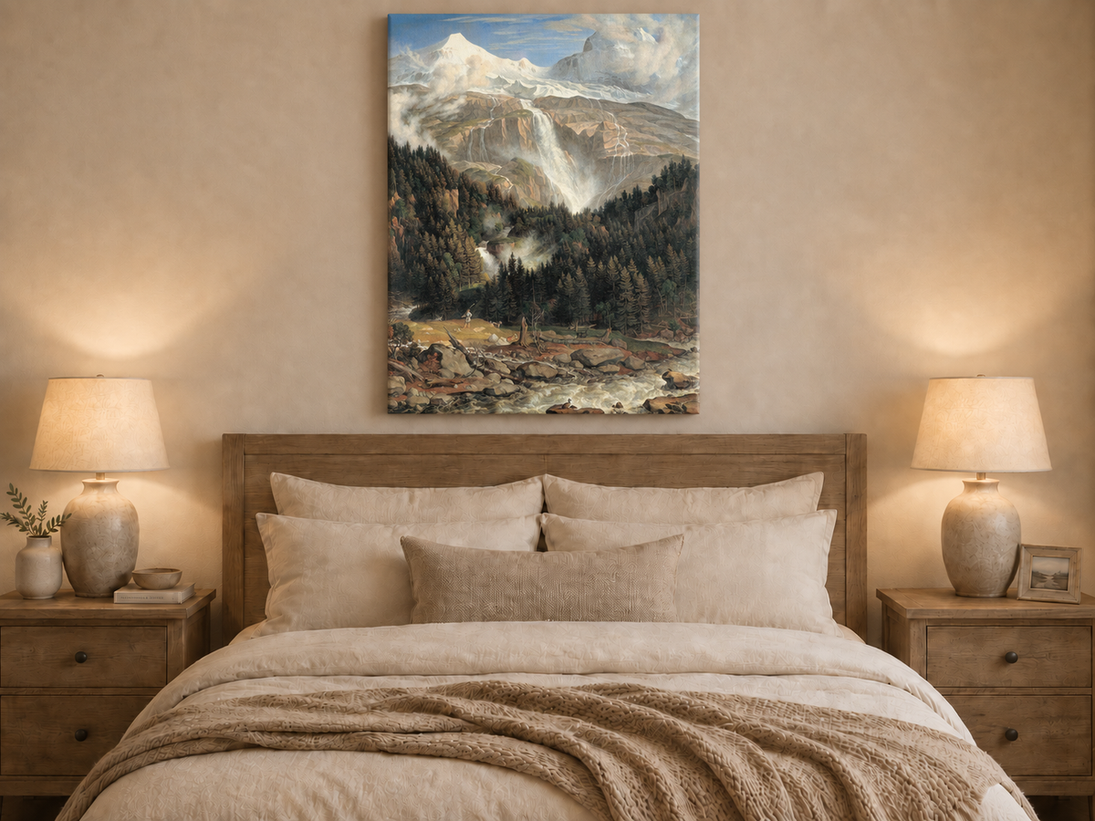Landscape Oil Painting - Snow-Capped Peaks, Grand Waterfall & Ox