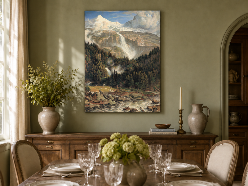 Landscape Oil Painting - Snow-Capped Peaks, Grand Waterfall & Ox