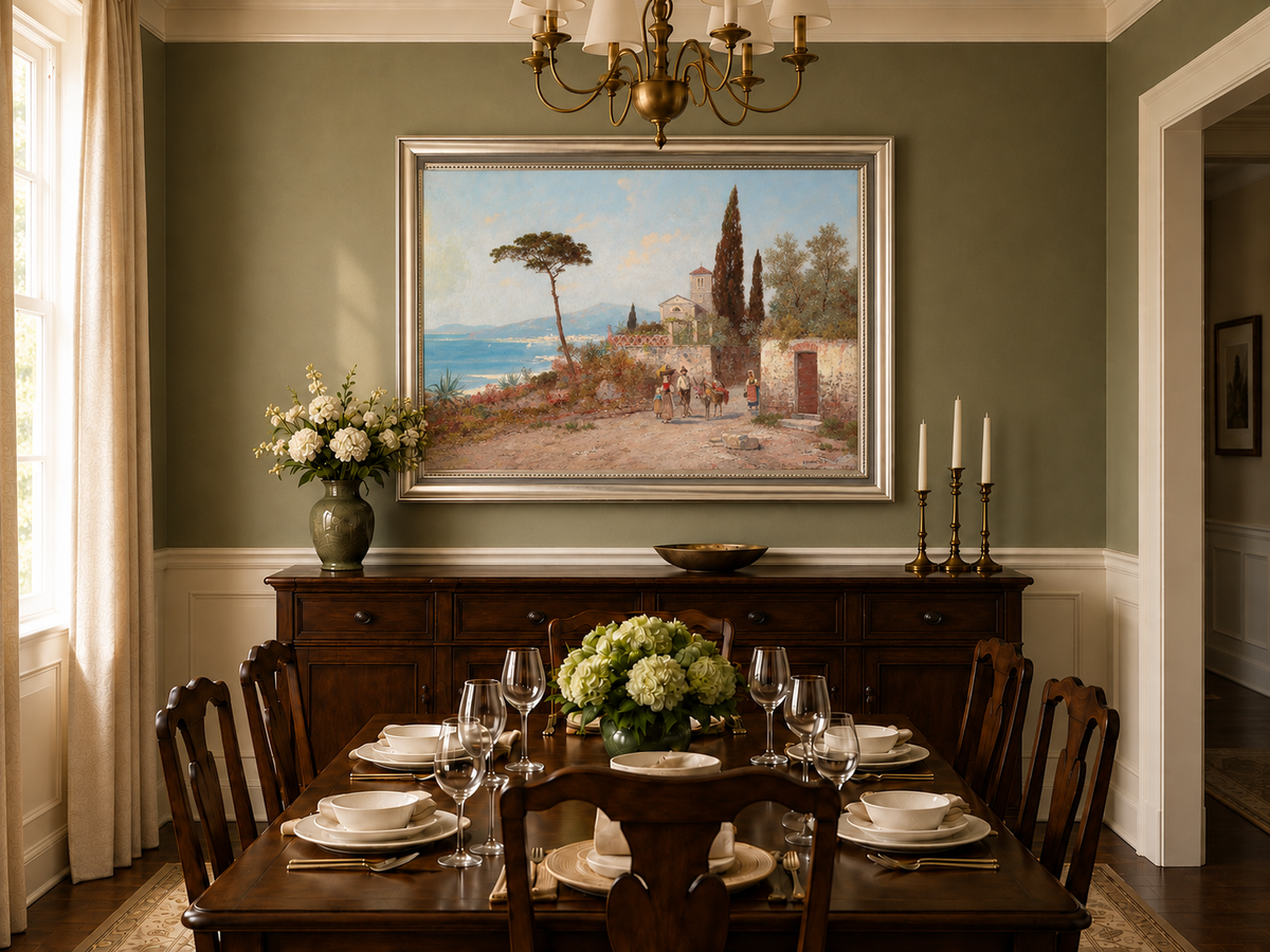 Landscape Oil Painting - Mediterranean Coastal Village, Cypresses