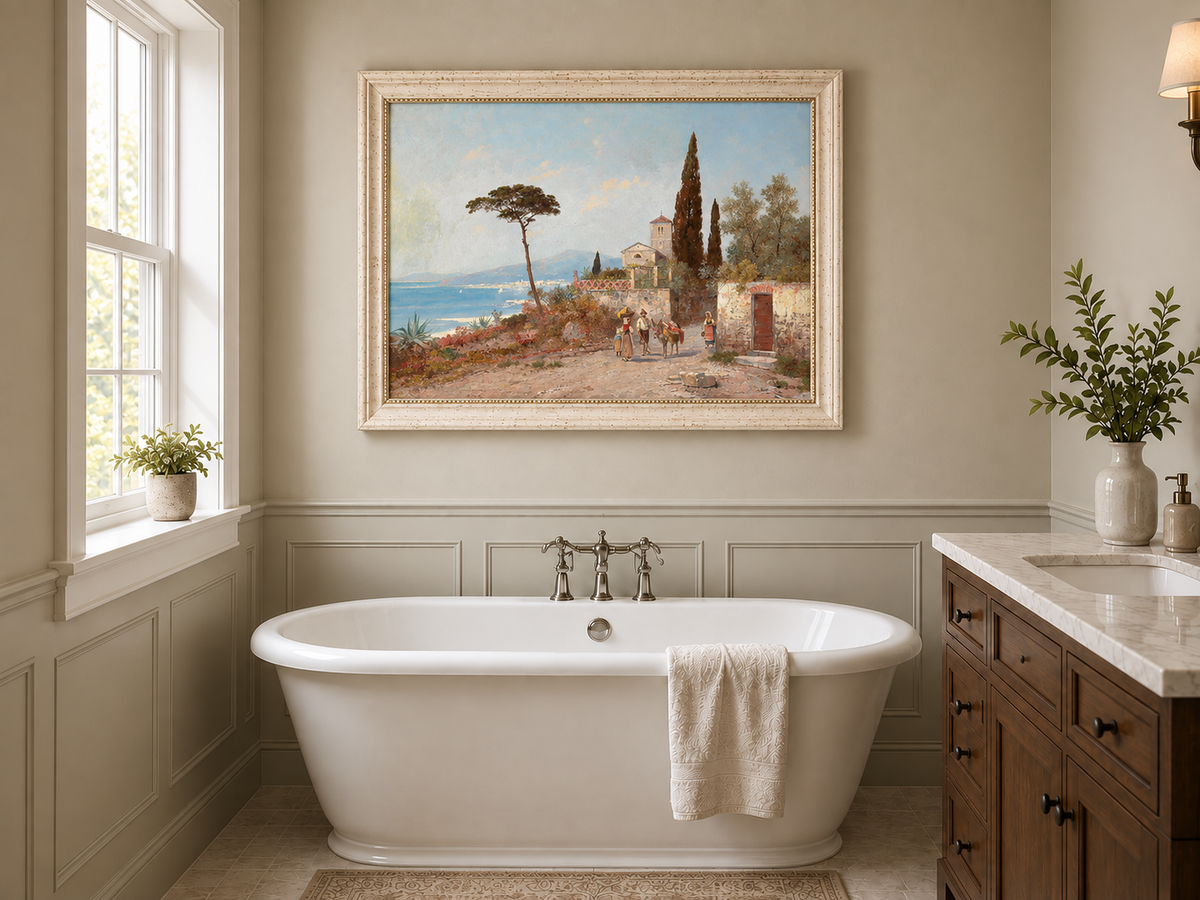 Landscape Oil Painting - Mediterranean Coastal Village, Cypresses