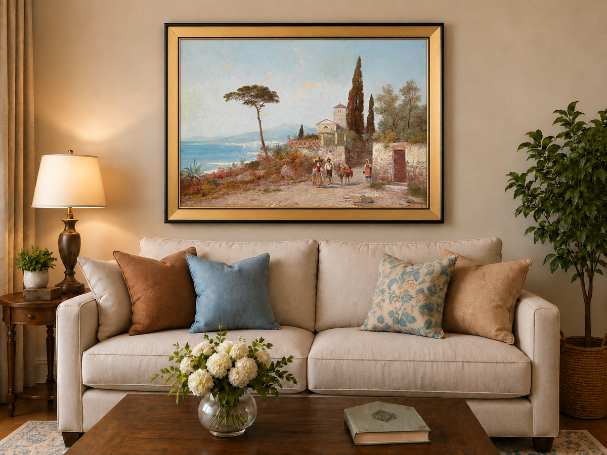 Landscape Oil Painting - Mediterranean Coastal Village, Cypresses