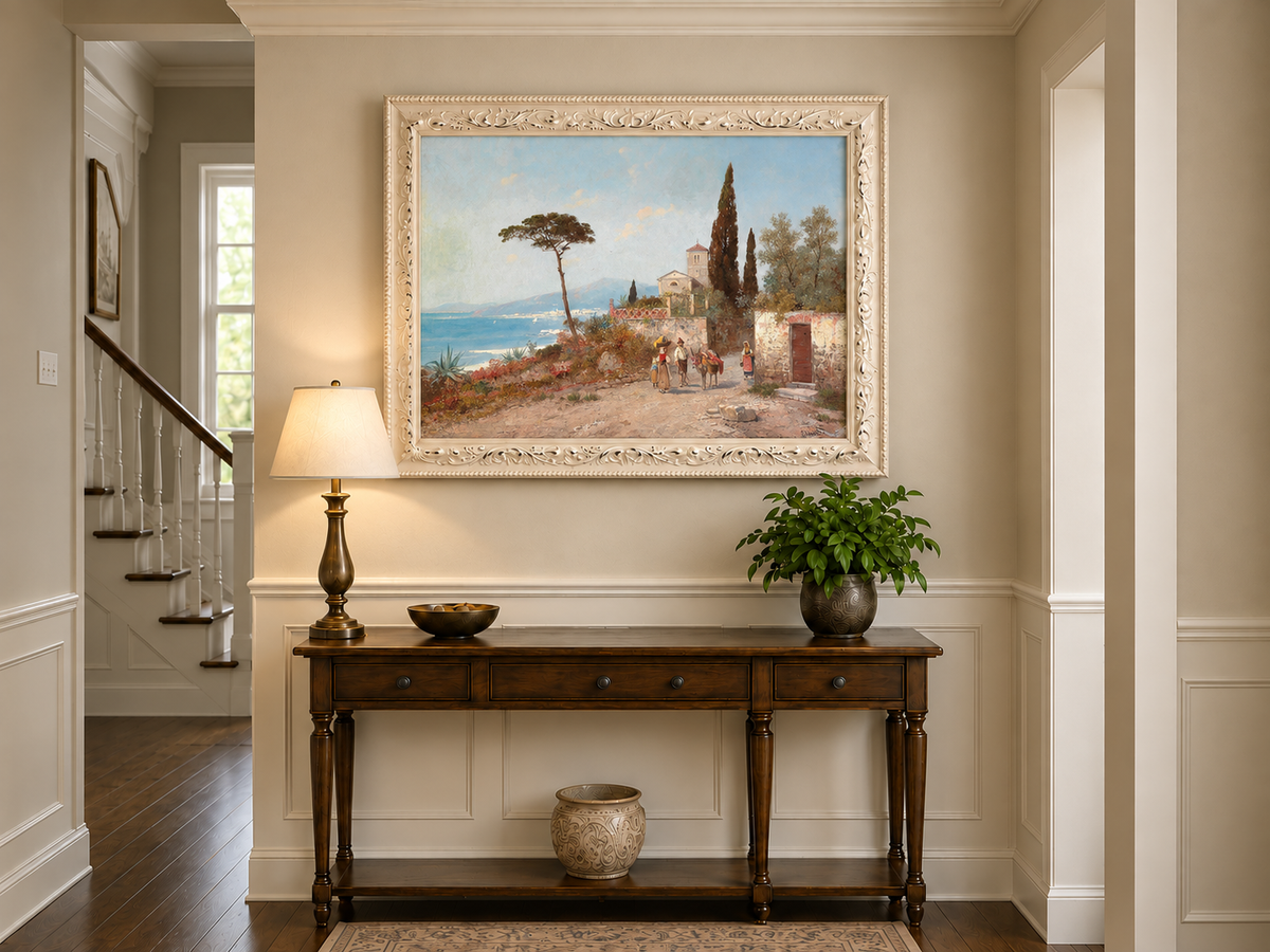 Landscape Oil Painting - Mediterranean Coastal Village, Cypresses