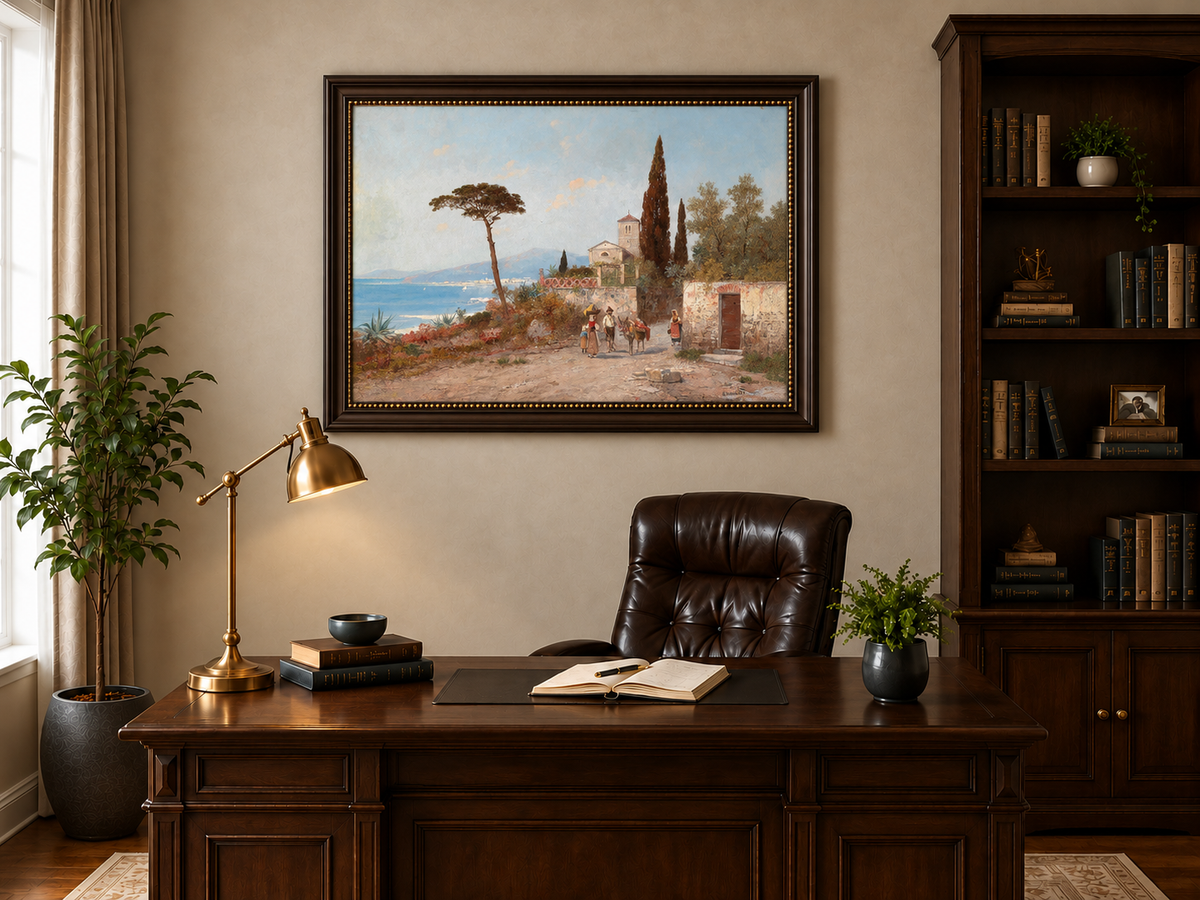 Landscape Oil Painting - Mediterranean Coastal Village, Cypresses