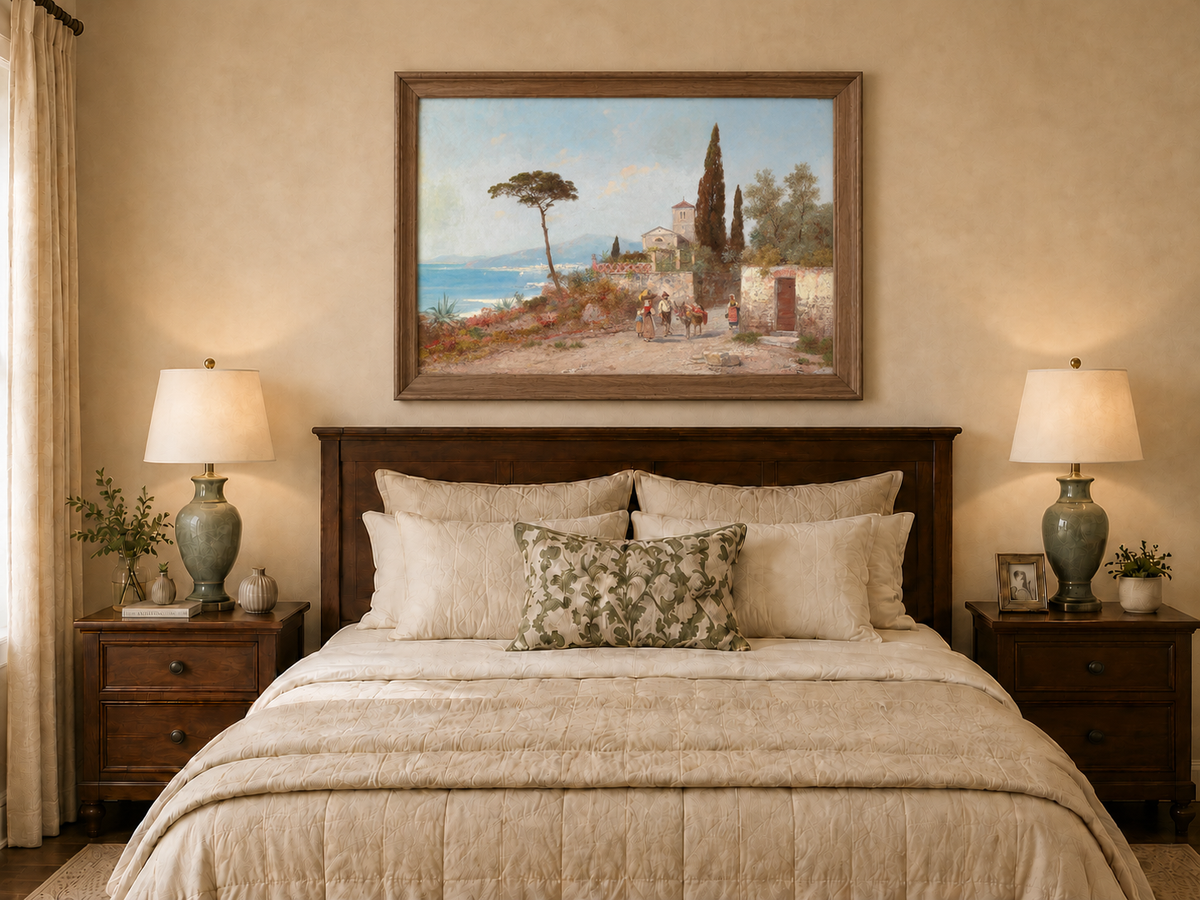 Landscape Oil Painting - Mediterranean Coastal Village, Cypresses