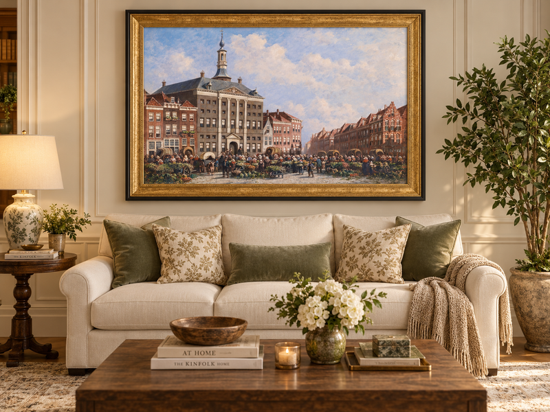 Landscape Oil Painting - Dutch City Square Marke