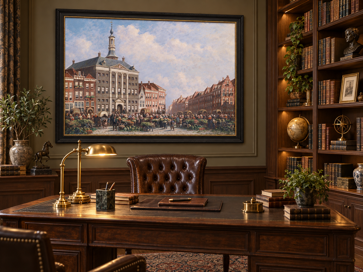 Landscape Oil Painting - Dutch City Square Marke