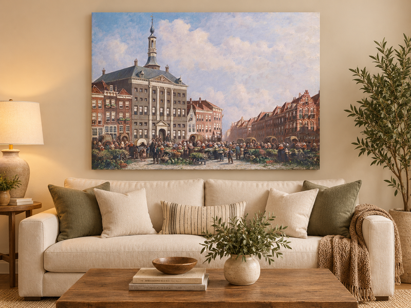 Landscape Oil Painting - Dutch City Square Marke