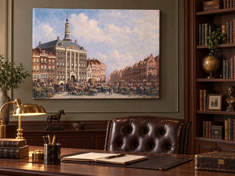 Landscape Oil Painting - Dutch City Square Marke
