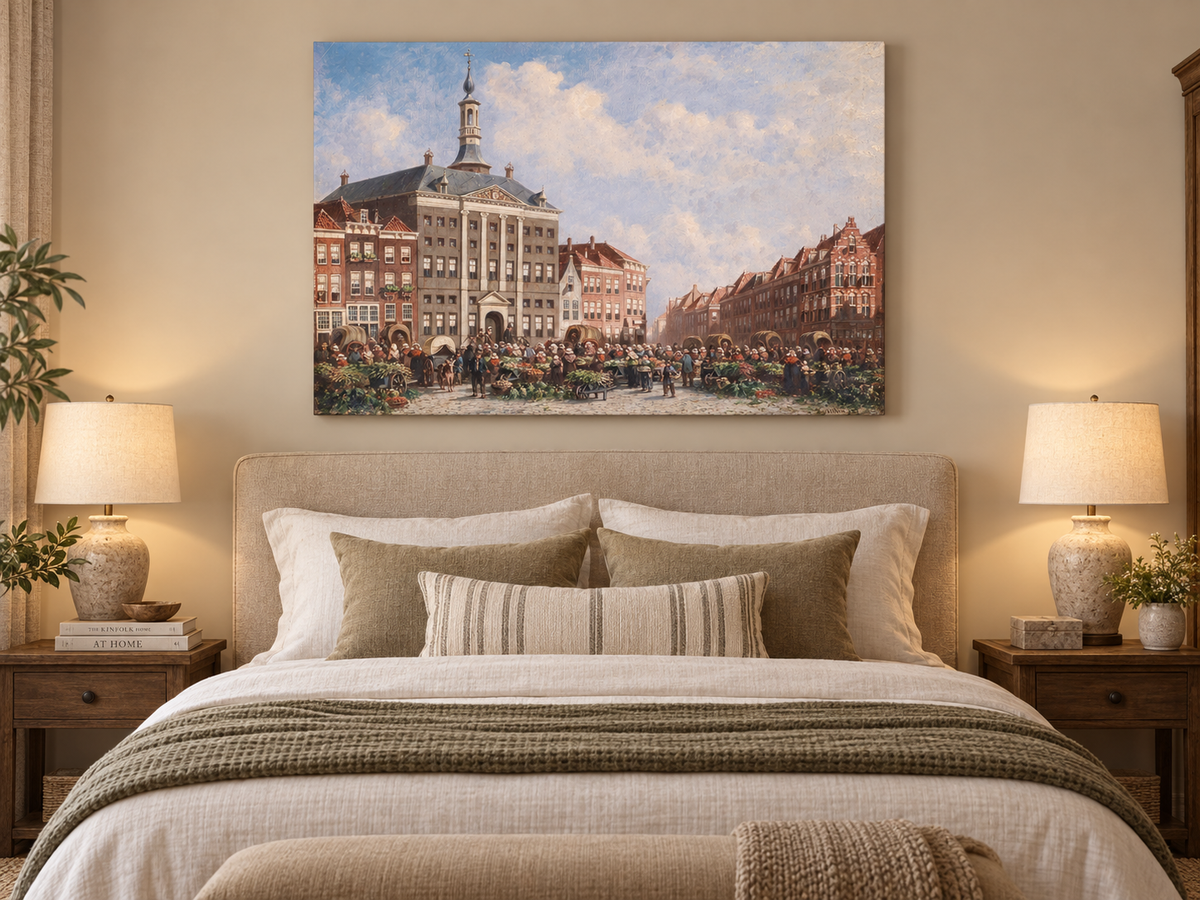 Landscape Oil Painting - Dutch City Square Marke
