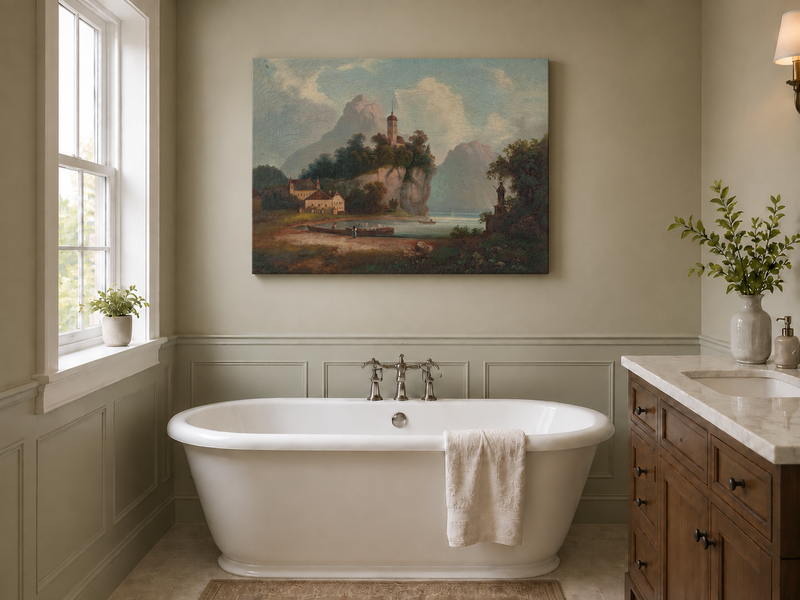 Peinture à l'huile de paysage - Église sur la colline rocheuse au bord du lac