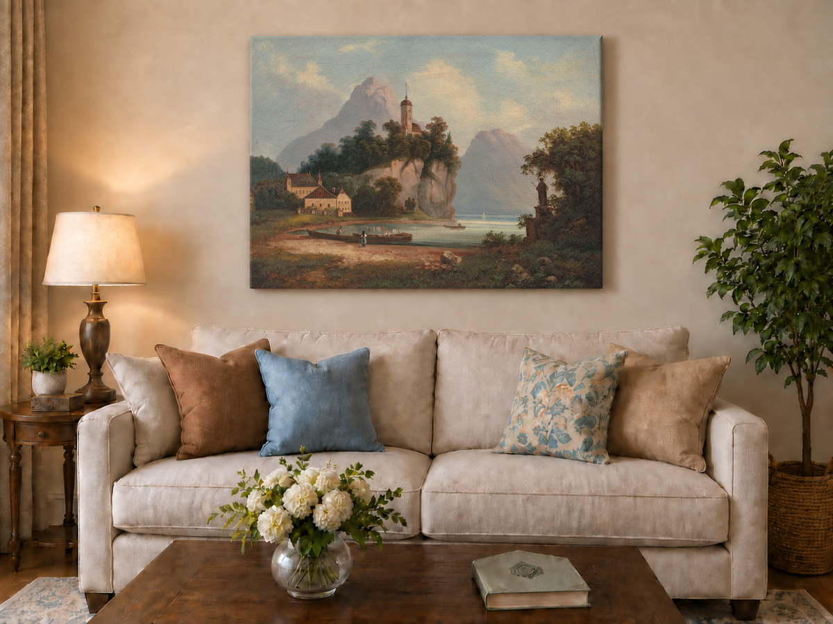 Peinture à l'huile de paysage - Église sur la colline rocheuse au bord du lac