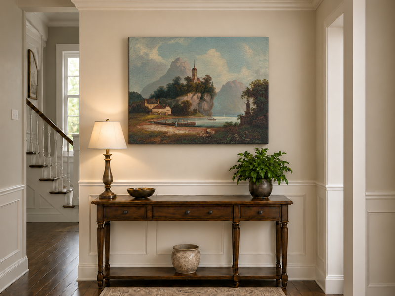 Peinture à l'huile de paysage - Église sur la colline rocheuse au bord du lac