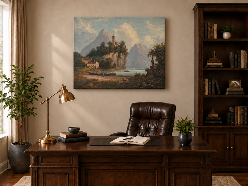 Peinture à l'huile de paysage - Église sur la colline rocheuse au bord du lac