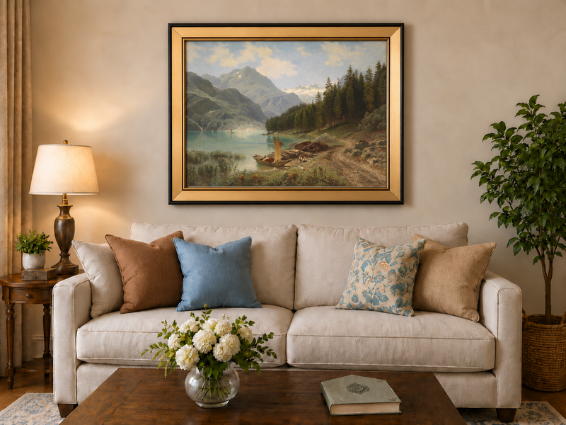 Peinture à l'huile de paysage - Lac alpin, voilier, personnages et neige