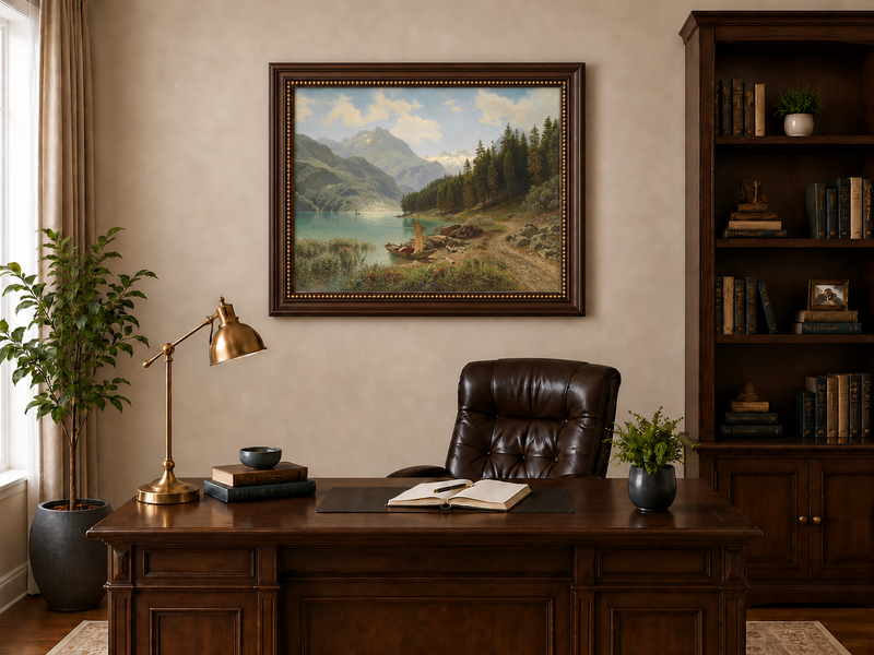 Peinture à l'huile de paysage - Lac alpin, voilier, personnages et neige