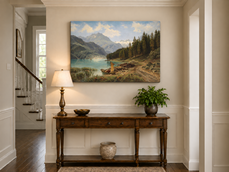 Peinture à l'huile de paysage - Lac alpin, voilier, personnages et neige