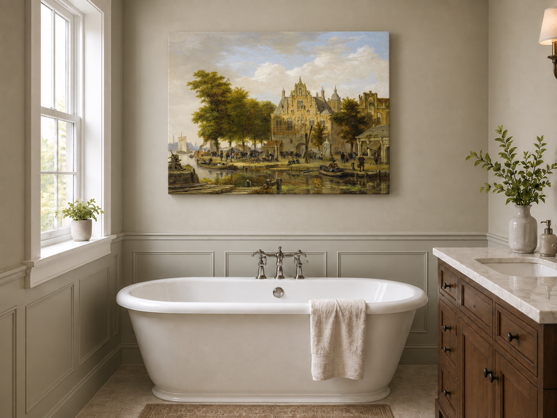 Ölgemälde Landschaft - Holländischer Kanal, kunstvolle Architektur &