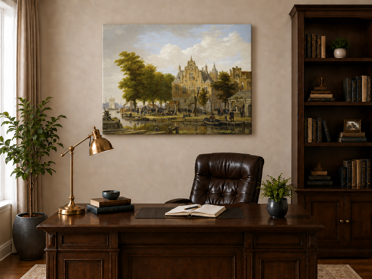 Ölgemälde Landschaft - Holländischer Kanal, kunstvolle Architektur &