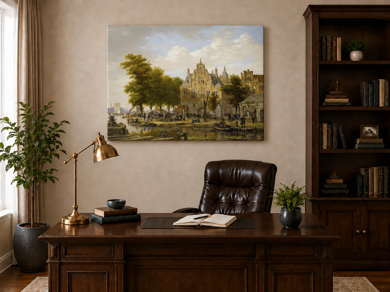 Ölgemälde Landschaft - Holländischer Kanal, kunstvolle Architektur &