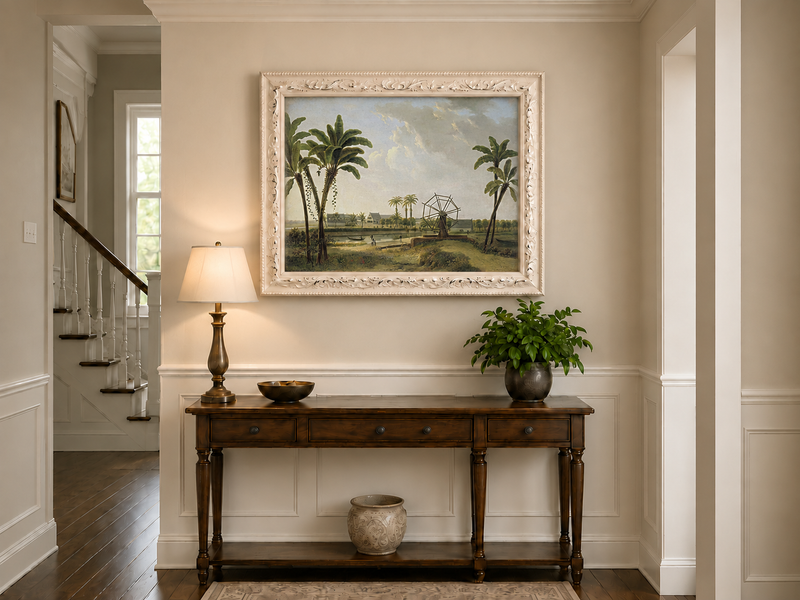 Peinture à l'huile de paysage - Bord de rivière tropical avec roue à aubes et personnages