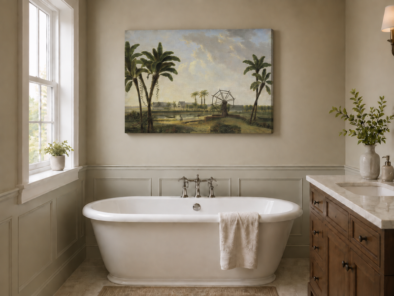 Peinture à l'huile de paysage - Bord de rivière tropical avec roue à aubes et personnages