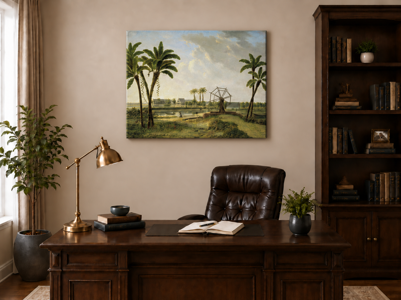 Peinture à l'huile de paysage - Bord de rivière tropical avec roue à aubes et personnages
