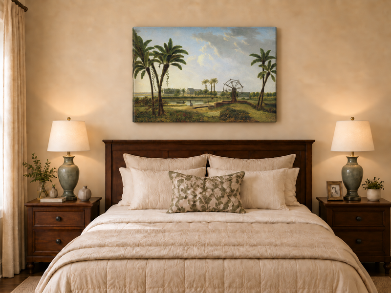 Peinture à l'huile de paysage - Bord de rivière tropical avec roue à aubes et personnages