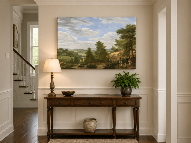 Peinture à l'huile de paysage - Vue panoramique avec personnages en forêt