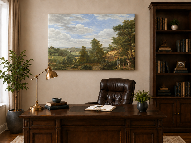 Peinture à l'huile de paysage - Vue panoramique avec personnages en forêt