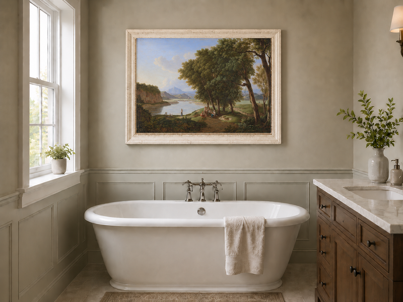 Landscape Oil Painting - Riverside Scene with Figures and Trees