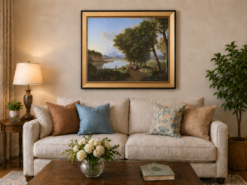Landscape Oil Painting - Riverside Scene with Figures and Trees