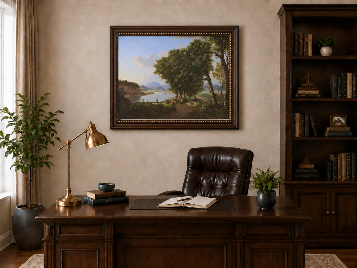 Landscape Oil Painting - Riverside Scene with Figures and Trees