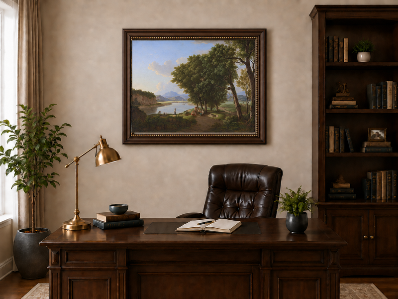Landscape Oil Painting - Riverside Scene with Figures and Trees