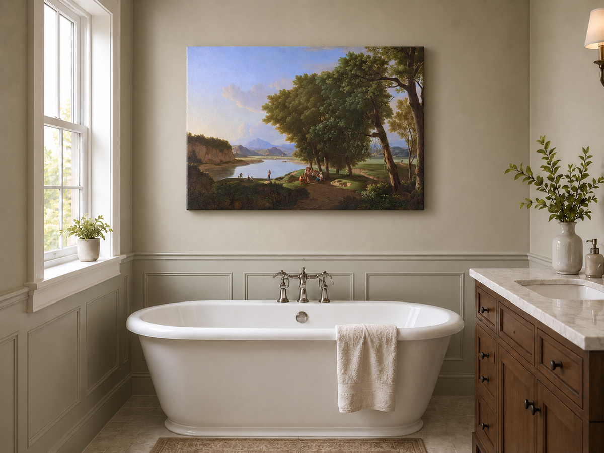 Landscape Oil Painting - Riverside Scene with Figures and Trees