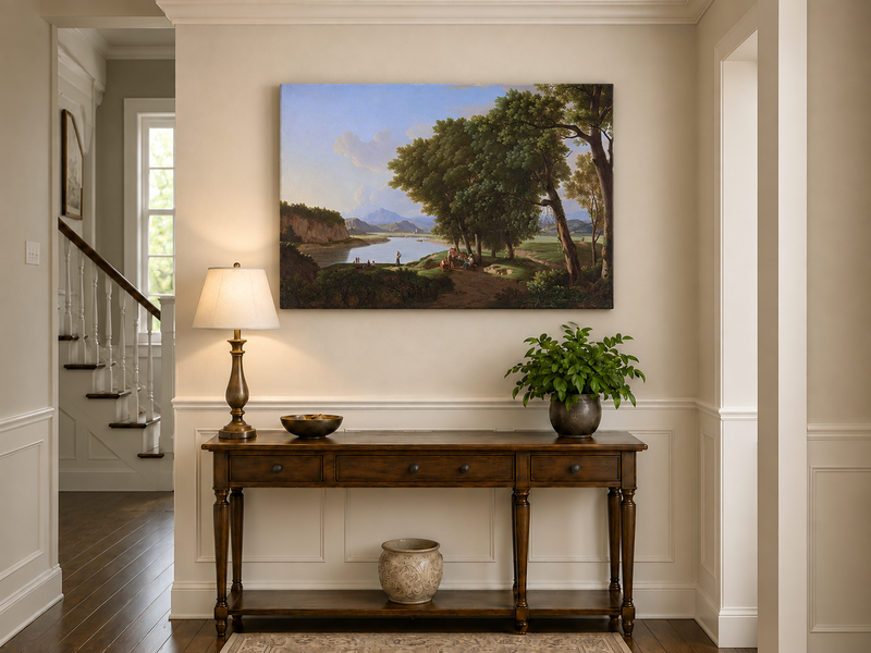 Landscape Oil Painting - Riverside Scene with Figures and Trees