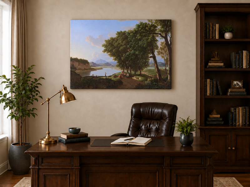 Landscape Oil Painting - Riverside Scene with Figures and Trees