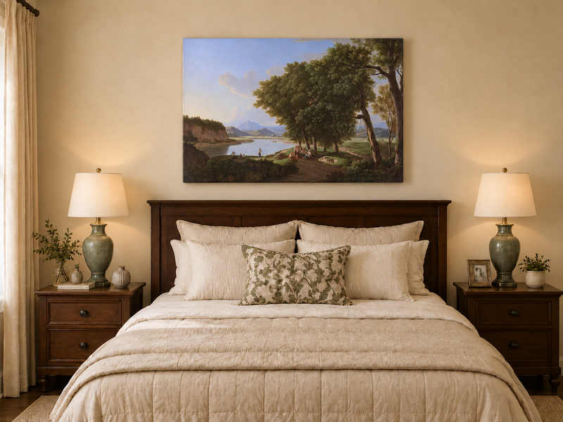 Landscape Oil Painting - Riverside Scene with Figures and Trees