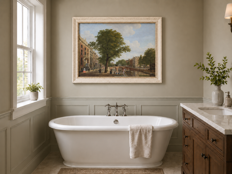 Landscape Oil Painting - Canal Urban Buildings & Figures