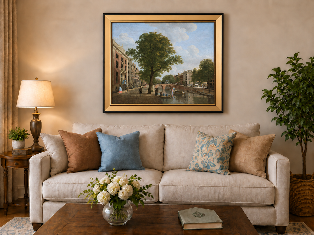 Landscape Oil Painting - Canal Urban Buildings & Figures